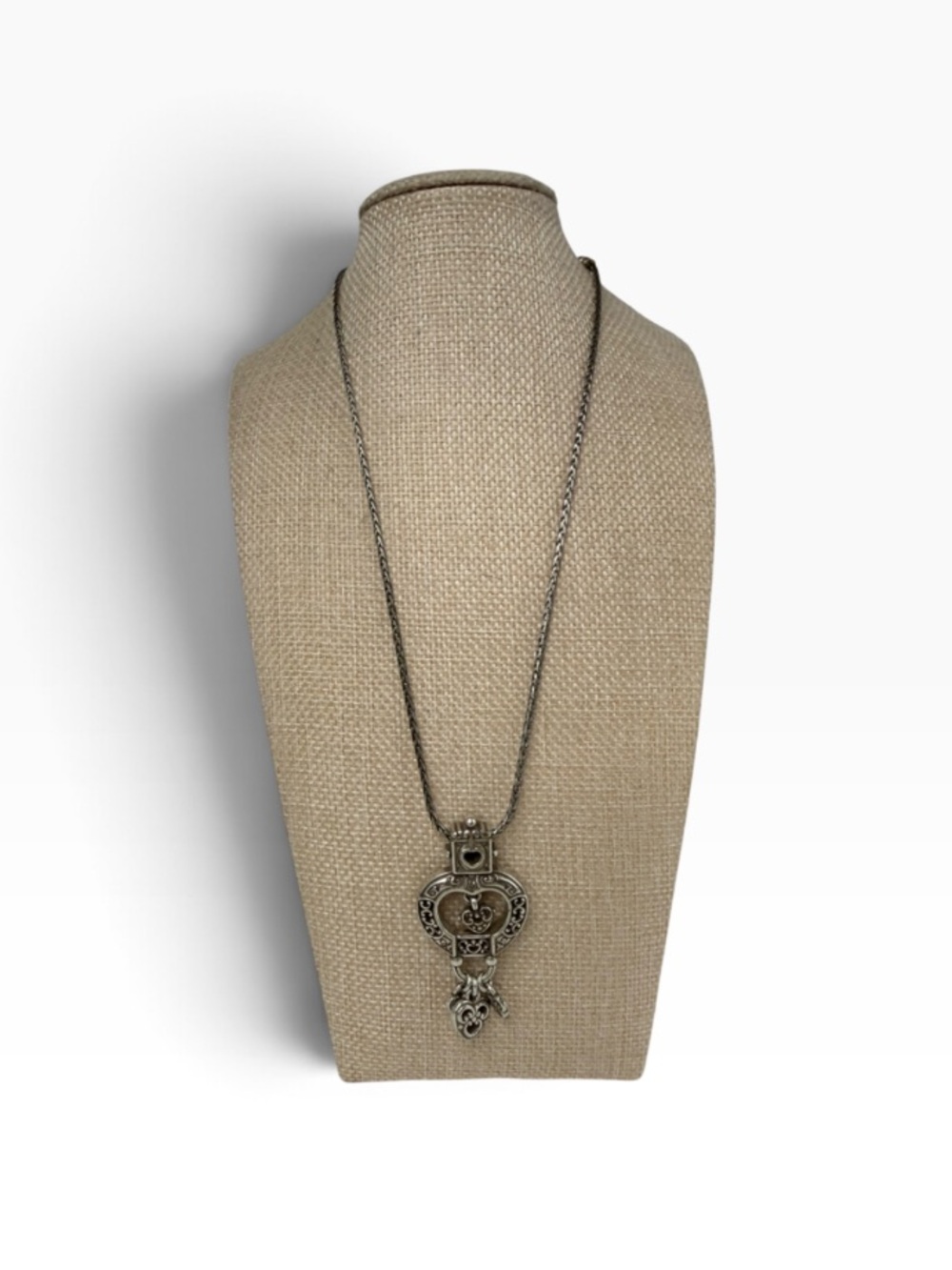 Brighton Antique-Style Heart Pendant Long Necklace Silver tone filigree charms